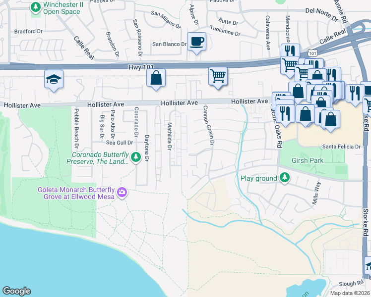 map of restaurants, bars, coffee shops, grocery stores, and more near 7391 Freeman Place in Goleta