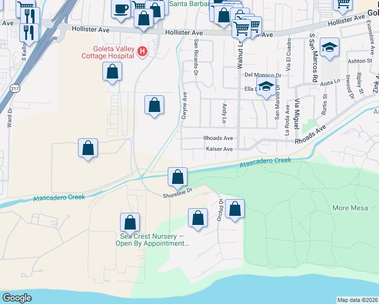 map of restaurants, bars, coffee shops, grocery stores, and more near 847 Sanford Court in Santa Barbara