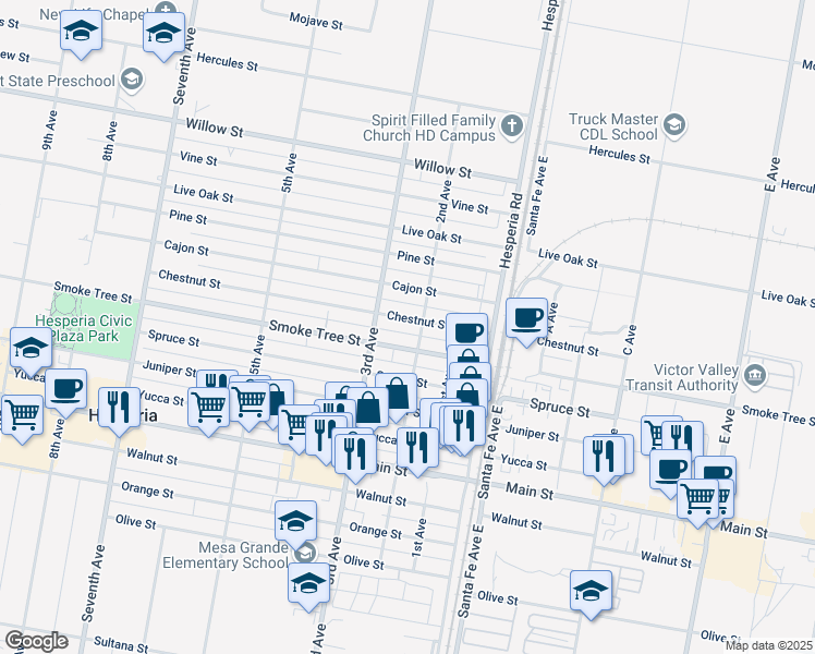 map of restaurants, bars, coffee shops, grocery stores, and more near 16429 Chestnut Street in Hesperia