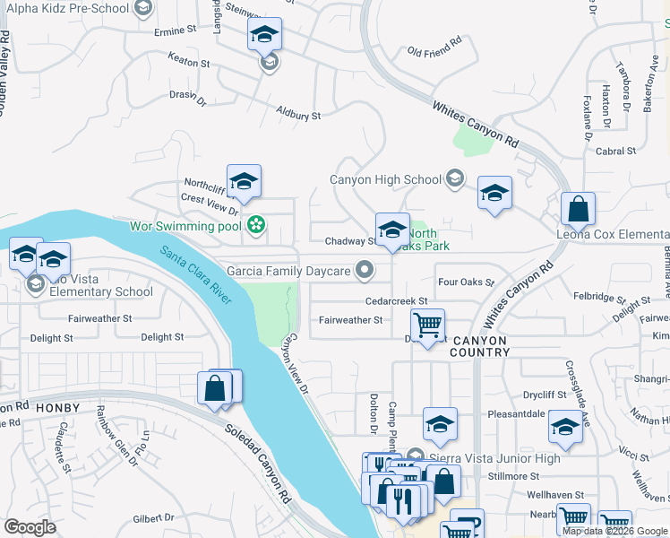 map of restaurants, bars, coffee shops, grocery stores, and more near 19620 Babington Street in Santa Clarita