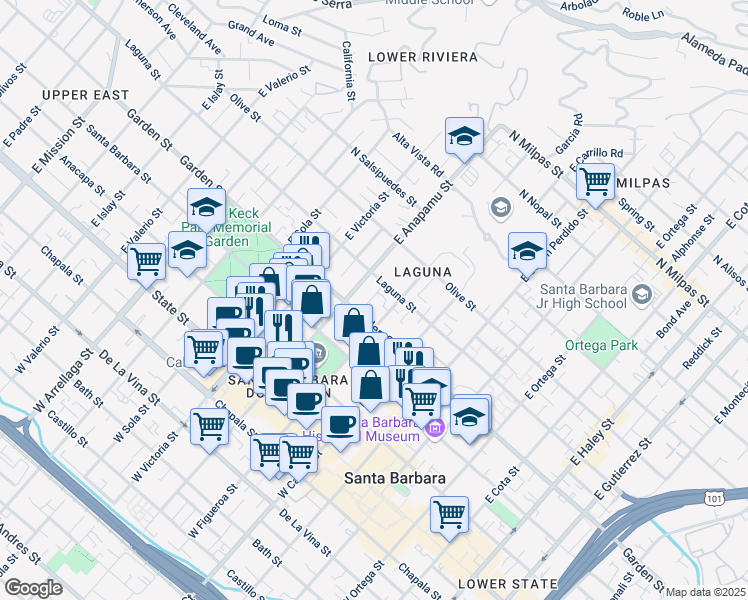 map of restaurants, bars, coffee shops, grocery stores, and more near 318 Lloyd Avenue in Santa Barbara