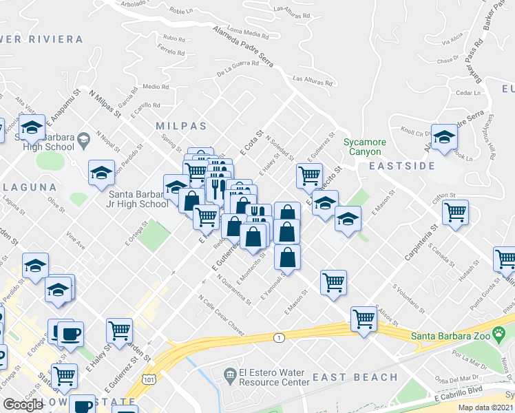 map of restaurants, bars, coffee shops, grocery stores, and more near 411 North Alisos Street in Santa Barbara