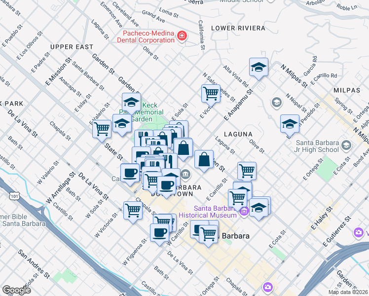 map of restaurants, bars, coffee shops, grocery stores, and more near 1234 Santa Barbara Street in Santa Barbara
