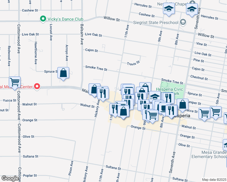 map of restaurants, bars, coffee shops, grocery stores, and more near 9664 11th Avenue in Hesperia