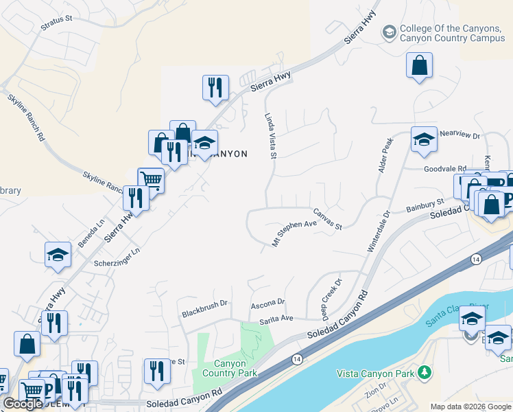 map of restaurants, bars, coffee shops, grocery stores, and more near 17405 Canvas Street in Santa Clarita