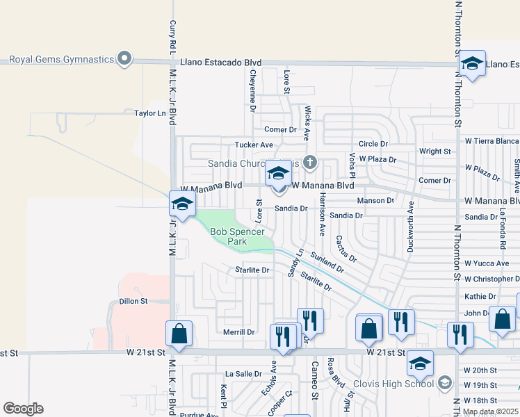 map of restaurants, bars, coffee shops, grocery stores, and more near 2801 Lore Street in Clovis