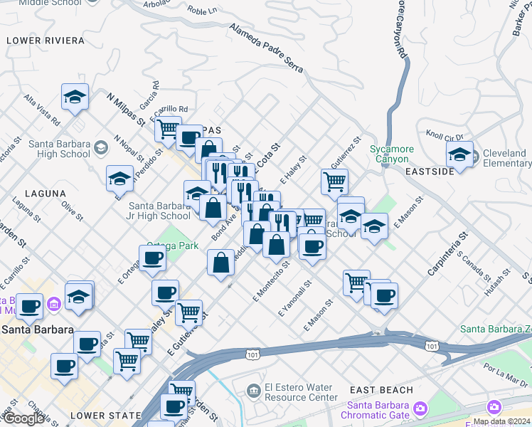 map of restaurants, bars, coffee shops, grocery stores, and more near 460 North Milpas Street in Santa Barbara