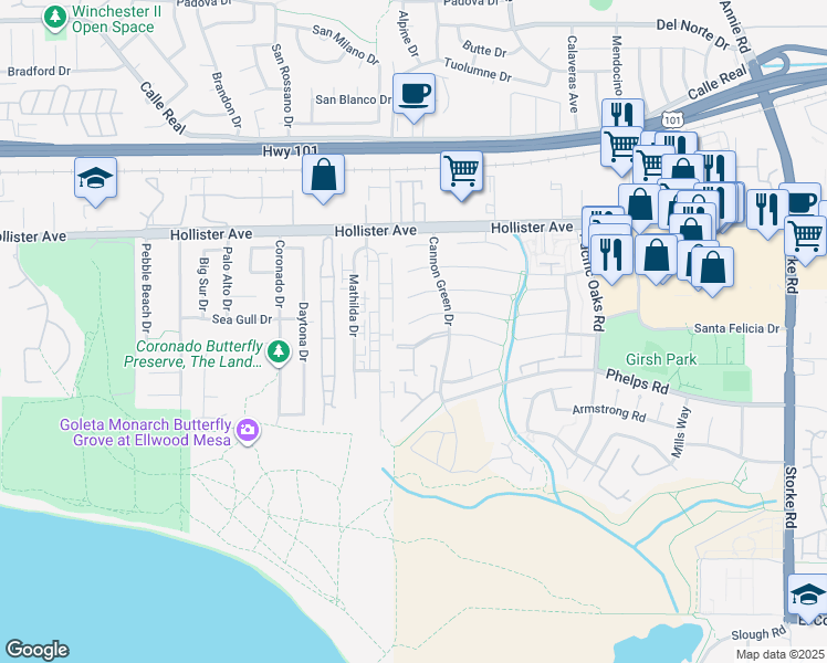 map of restaurants, bars, coffee shops, grocery stores, and more near 7391 Freeman Place in Goleta