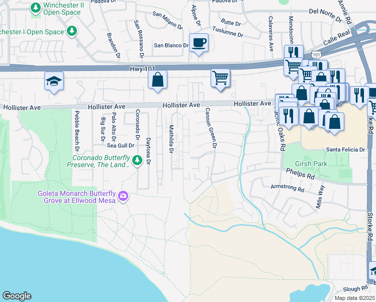 map of restaurants, bars, coffee shops, grocery stores, and more near 7391 Freeman Place in Goleta