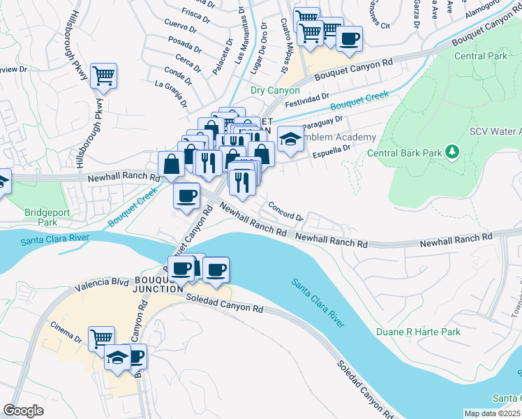 map of restaurants, bars, coffee shops, grocery stores, and more near 22890 Acoustic Drive in Santa Clarita