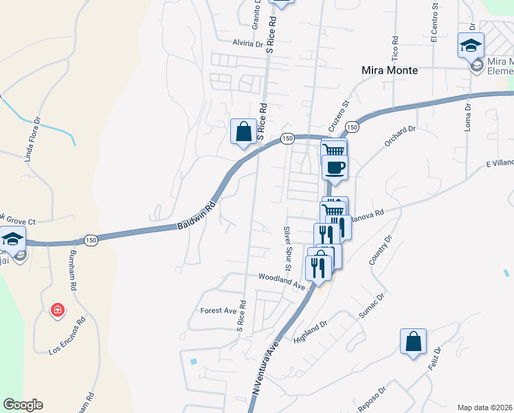 map of restaurants, bars, coffee shops, grocery stores, and more near 1794 South Rice Road in Ojai