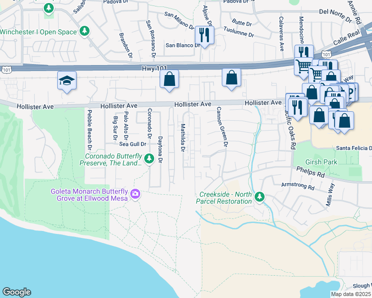 map of restaurants, bars, coffee shops, grocery stores, and more near 328 Mathilda Drive in Goleta