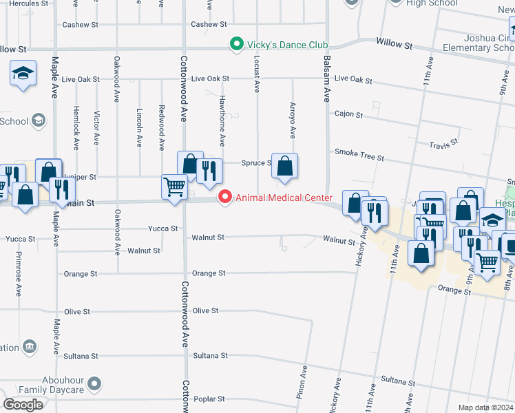 map of restaurants, bars, coffee shops, grocery stores, and more near Main Street in Hesperia