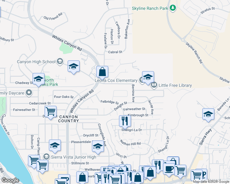 map of restaurants, bars, coffee shops, grocery stores, and more near 27938 Oakmoor Street in Santa Clarita