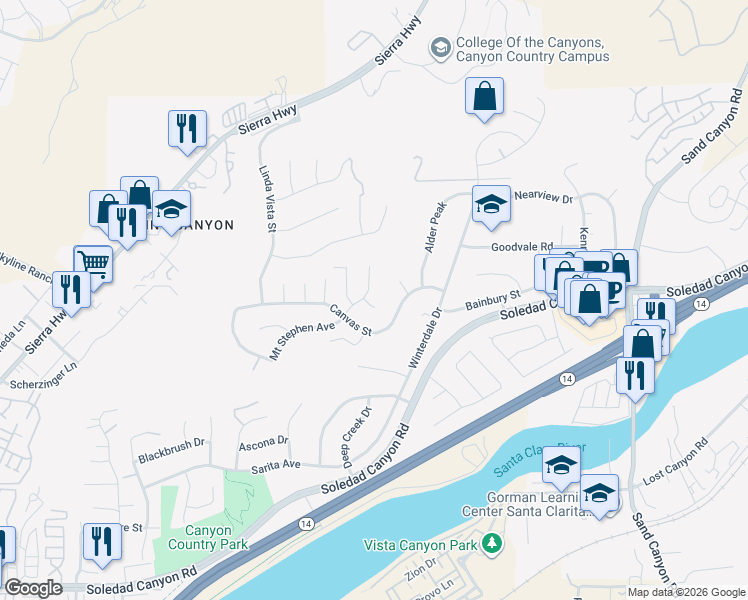 map of restaurants, bars, coffee shops, grocery stores, and more near 17033 Canvas Street in Santa Clarita