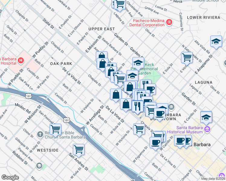 map of restaurants, bars, coffee shops, grocery stores, and more near 26 West Arrellaga Street in Santa Barbara