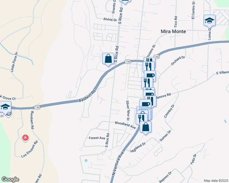 map of restaurants, bars, coffee shops, grocery stores, and more near 1794 South Rice Road in Ojai