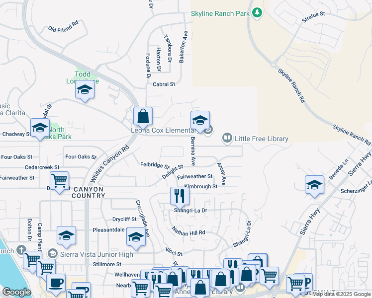 map of restaurants, bars, coffee shops, grocery stores, and more near 18708 Bainbury Street in Santa Clarita