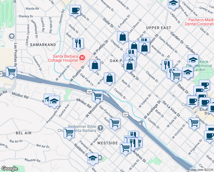 map of restaurants, bars, coffee shops, grocery stores, and more near 412 West Mission Street in Santa Barbara