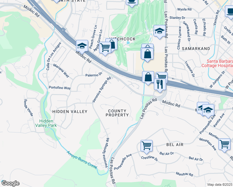 map of restaurants, bars, coffee shops, grocery stores, and more near 3630 La Entrada in Santa Barbara