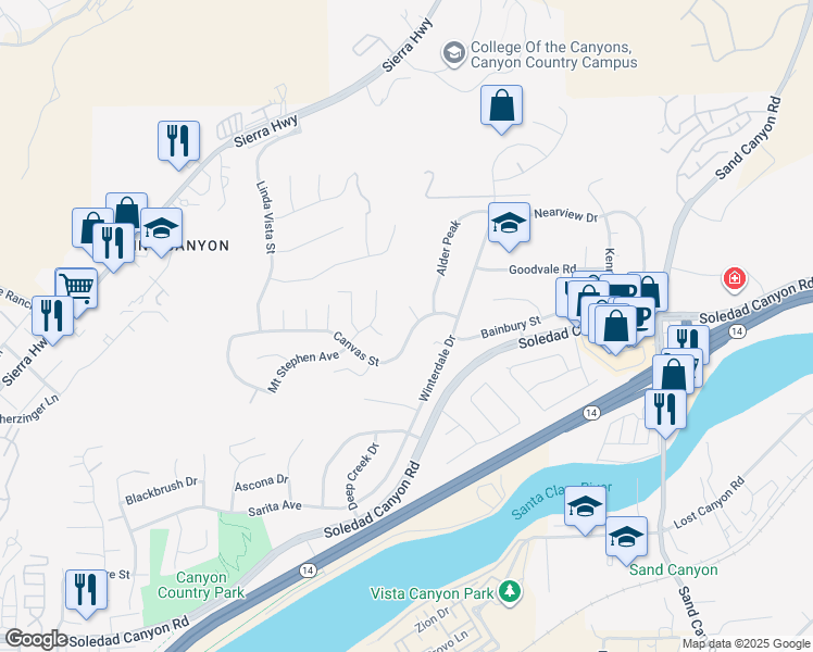 map of restaurants, bars, coffee shops, grocery stores, and more near 17023 Canvas Street in Santa Clarita