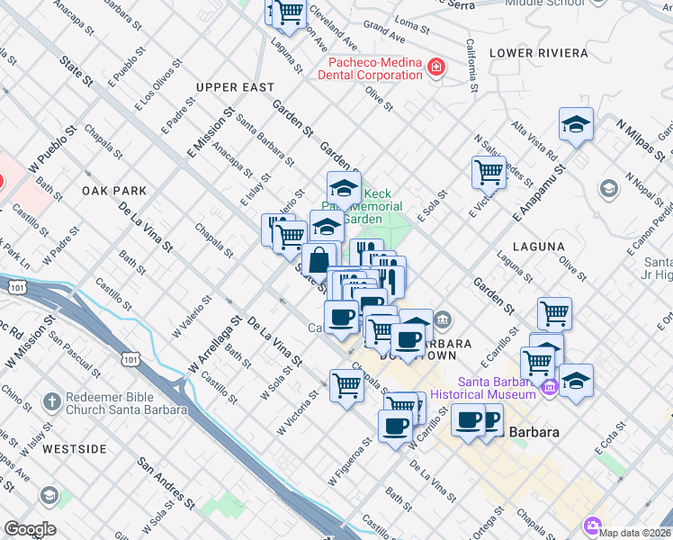 map of restaurants, bars, coffee shops, grocery stores, and more near 32 East Micheltorena Street in Santa Barbara