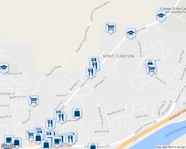 map of restaurants, bars, coffee shops, grocery stores, and more near 17868 Sierra Highway in Santa Clarita