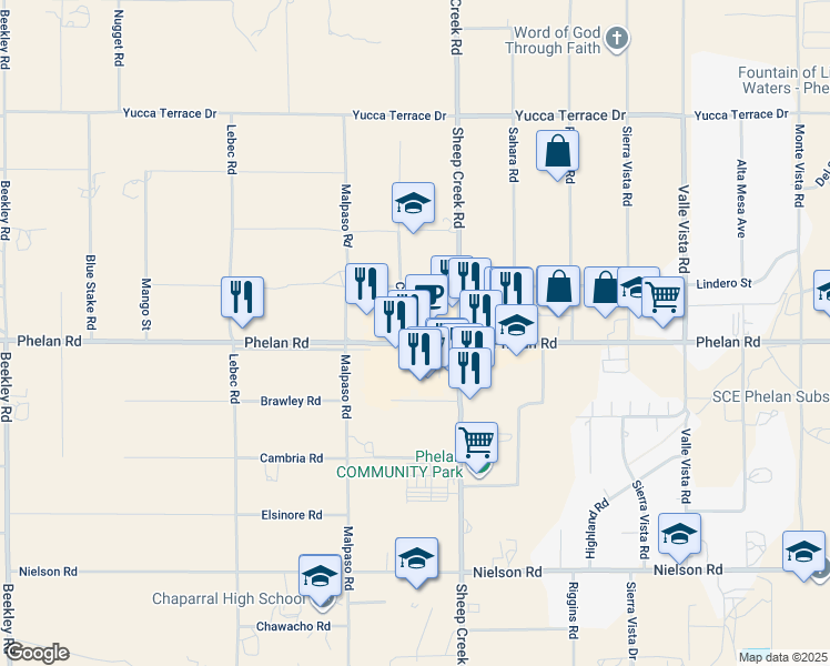 map of restaurants, bars, coffee shops, grocery stores, and more near 4022 Phelan Road in Phelan