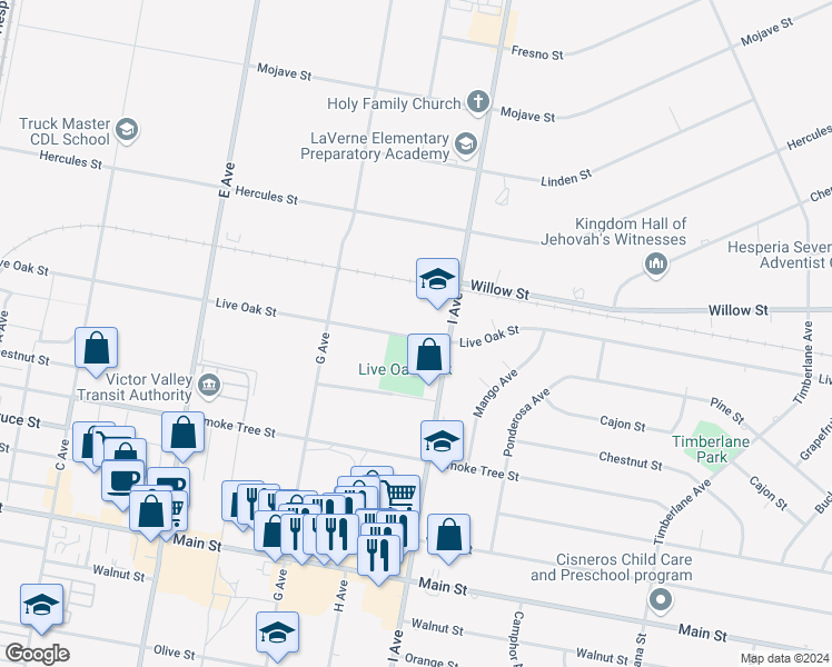 map of restaurants, bars, coffee shops, grocery stores, and more near Live Oak Street in Hesperia