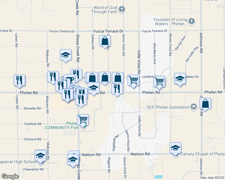 map of restaurants, bars, coffee shops, grocery stores, and more near in Phelan
