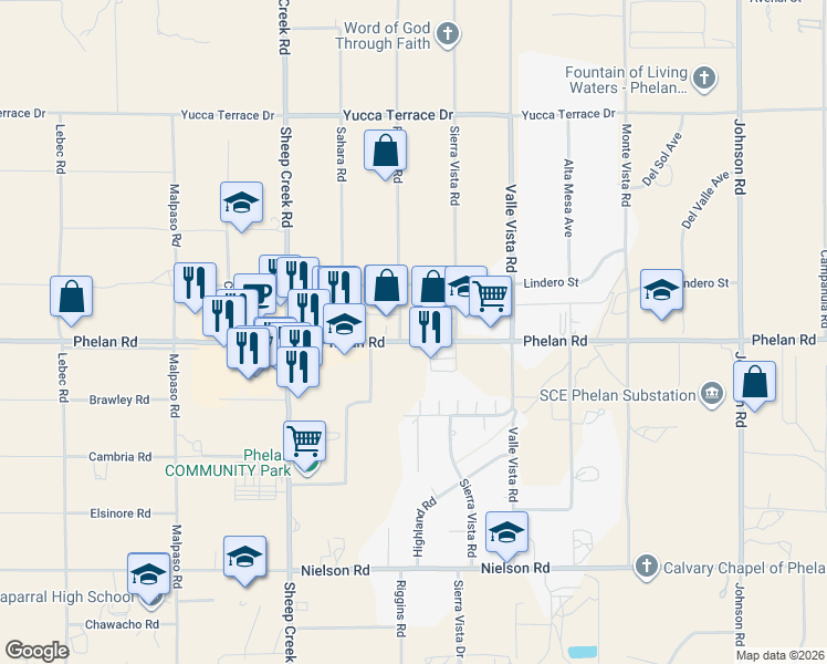 map of restaurants, bars, coffee shops, grocery stores, and more near 4355 Phelan Road in Phelan
