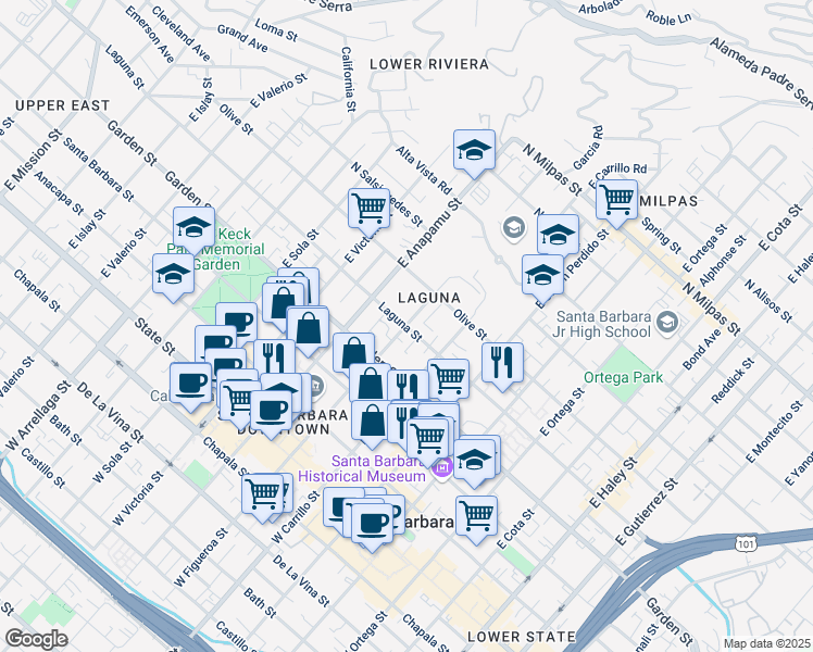 map of restaurants, bars, coffee shops, grocery stores, and more near Laguna Street & East Figueroa Street in Santa Barbara