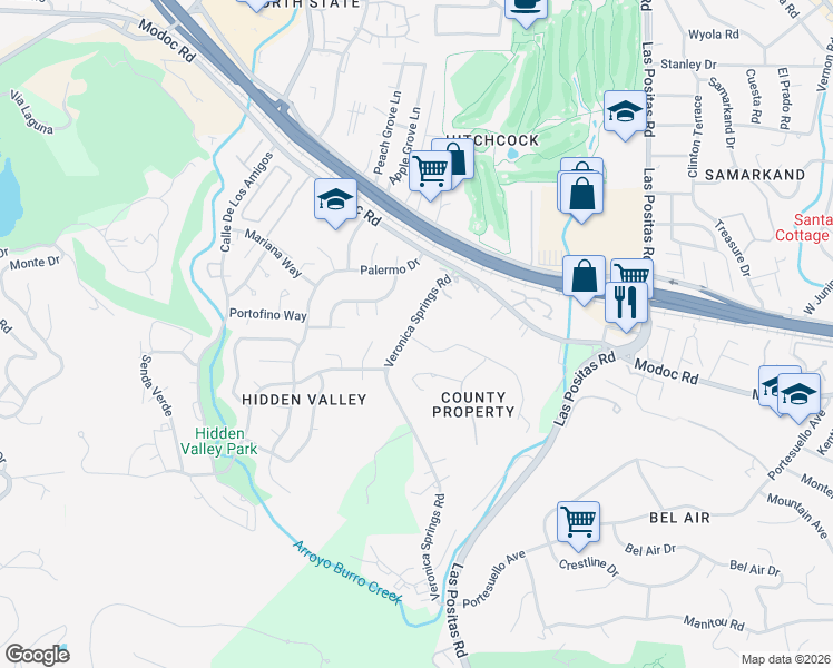 map of restaurants, bars, coffee shops, grocery stores, and more near 898 Veronica Springs Road in Santa Barbara