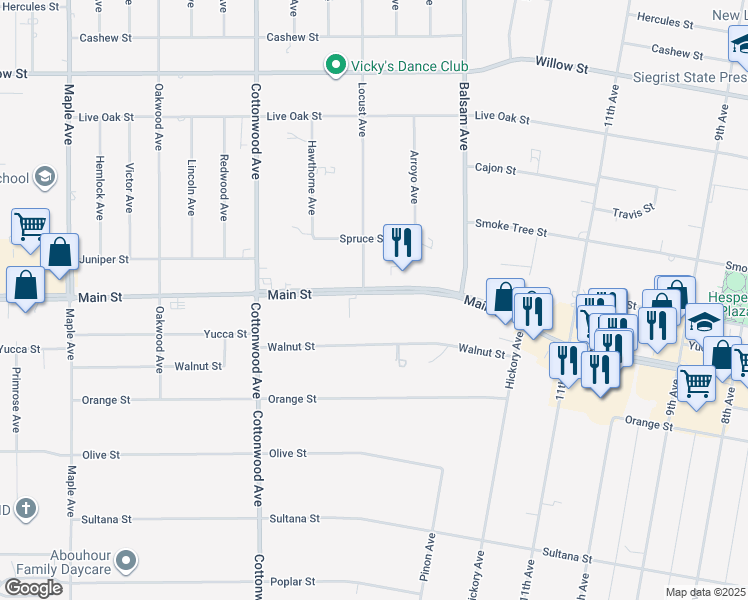 map of restaurants, bars, coffee shops, grocery stores, and more near 15119 Main Street in Hesperia