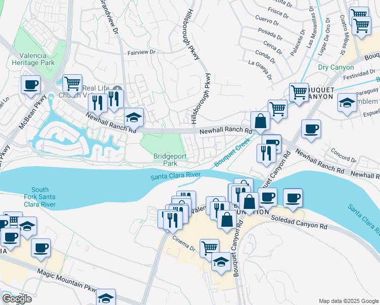 map of restaurants, bars, coffee shops, grocery stores, and more near 23423 Waterway Lane in Santa Clarita