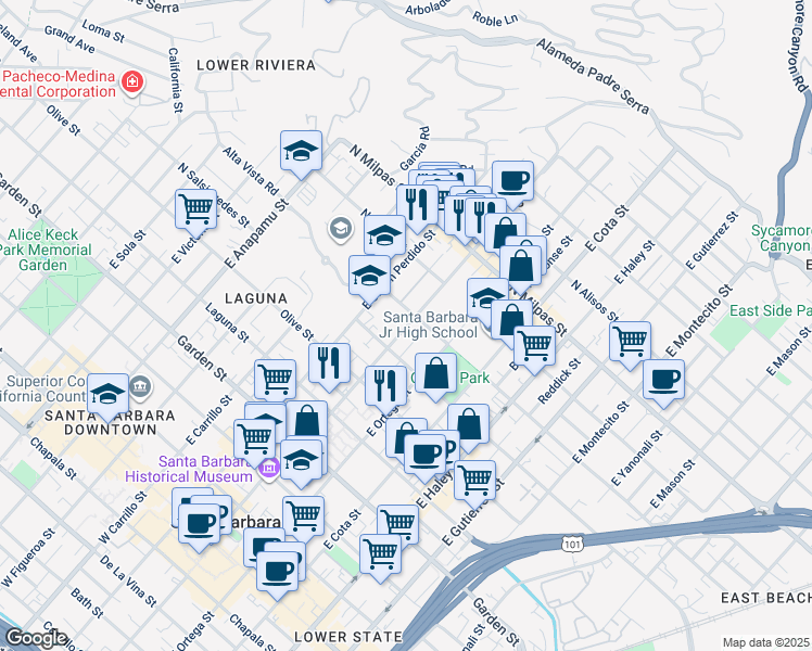 map of restaurants, bars, coffee shops, grocery stores, and more near 609 East De La Guerra Street in Santa Barbara