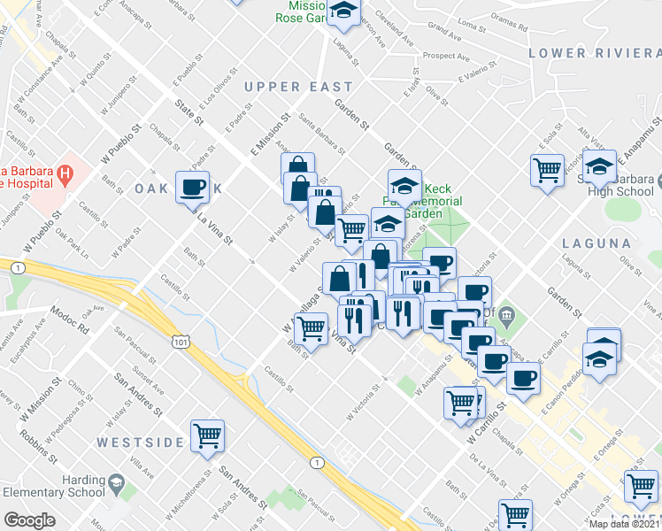 map of restaurants, bars, coffee shops, grocery stores, and more near 28 West Arrellaga Street in Santa Barbara