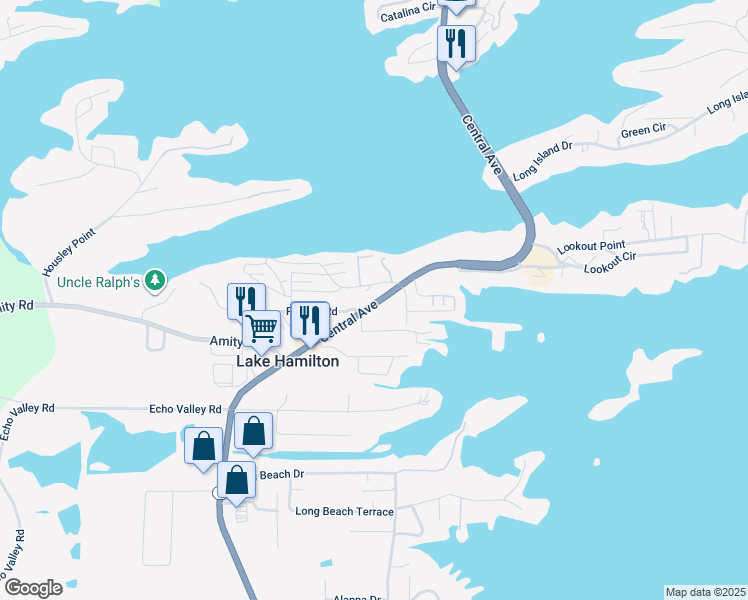 map of restaurants, bars, coffee shops, grocery stores, and more near 5390 Central Avenue in Lake Hamilton