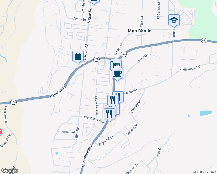 map of restaurants, bars, coffee shops, grocery stores, and more near 40 Don Antonio Way in Ojai