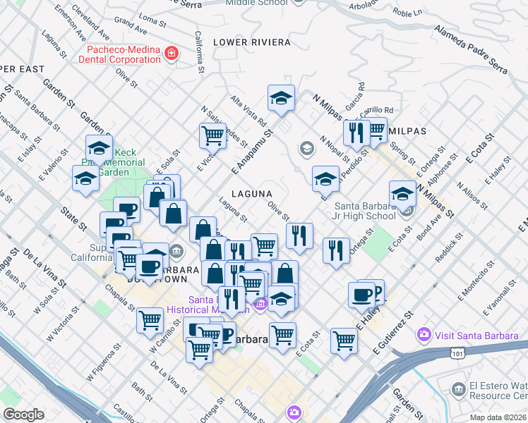 map of restaurants, bars, coffee shops, grocery stores, and more near 1011 Olive Street in Santa Barbara