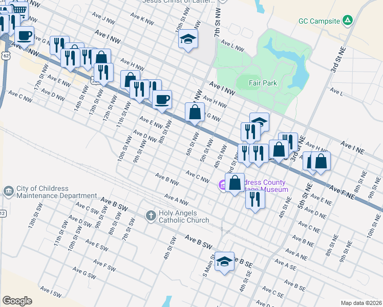 map of restaurants, bars, coffee shops, grocery stores, and more near 504 Avenue D Northwest in Childress