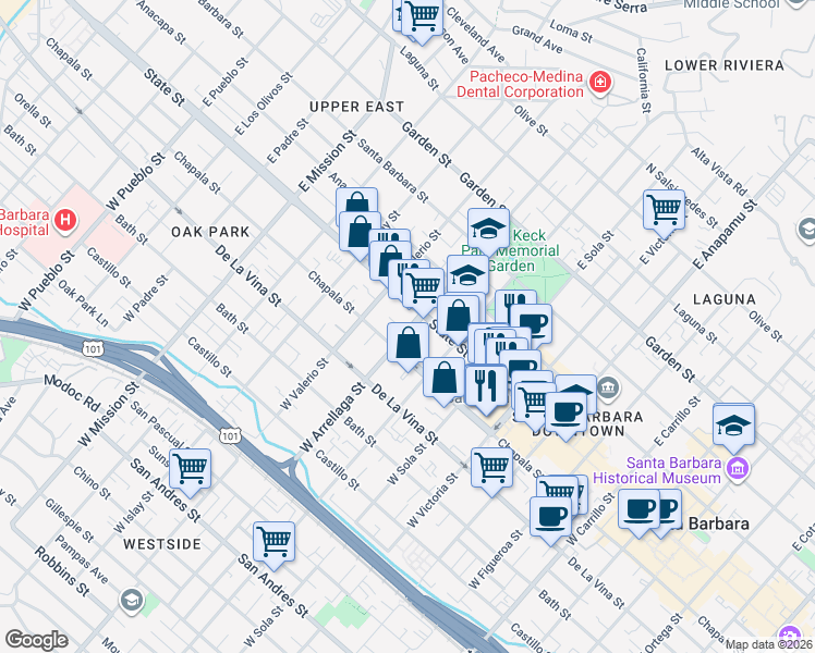 map of restaurants, bars, coffee shops, grocery stores, and more near 12 West Arrellaga Street in Santa Barbara