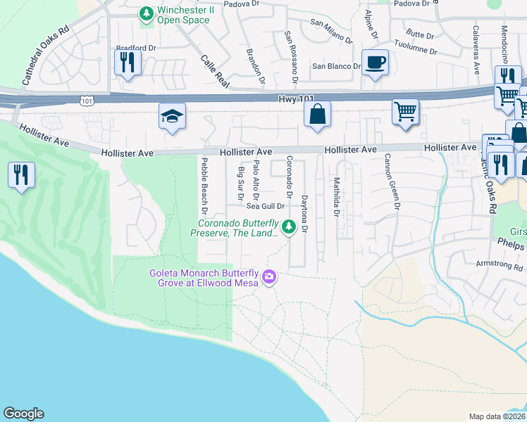 map of restaurants, bars, coffee shops, grocery stores, and more near 7532 Newport Drive in Goleta