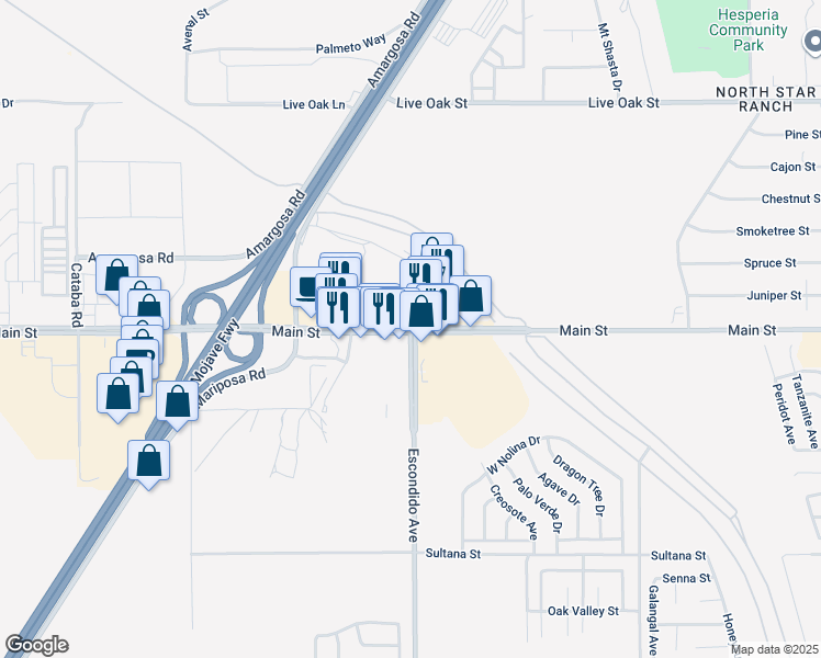 map of restaurants, bars, coffee shops, grocery stores, and more near Main Street & Escondido Avenue in Hesperia