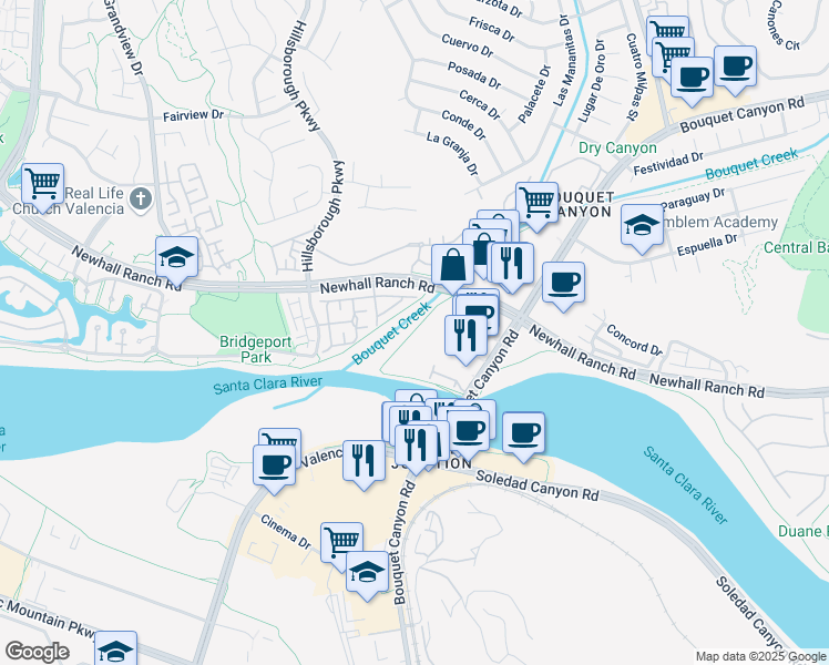 map of restaurants, bars, coffee shops, grocery stores, and more near Bouquet Creek Trail in Santa Clarita