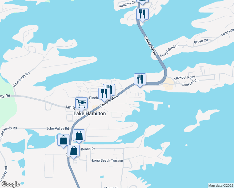 map of restaurants, bars, coffee shops, grocery stores, and more near 5390 Central Avenue in Lake Hamilton