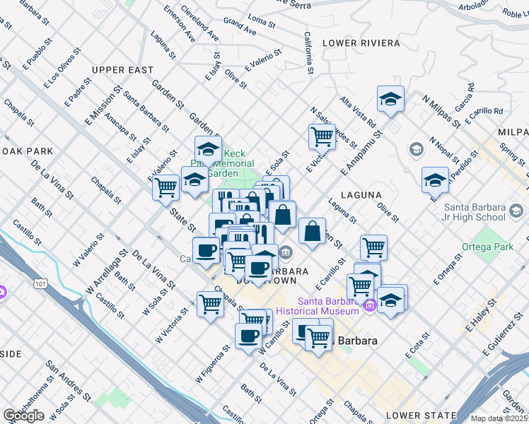 map of restaurants, bars, coffee shops, grocery stores, and more near 1234 Santa Barbara Street in Santa Barbara