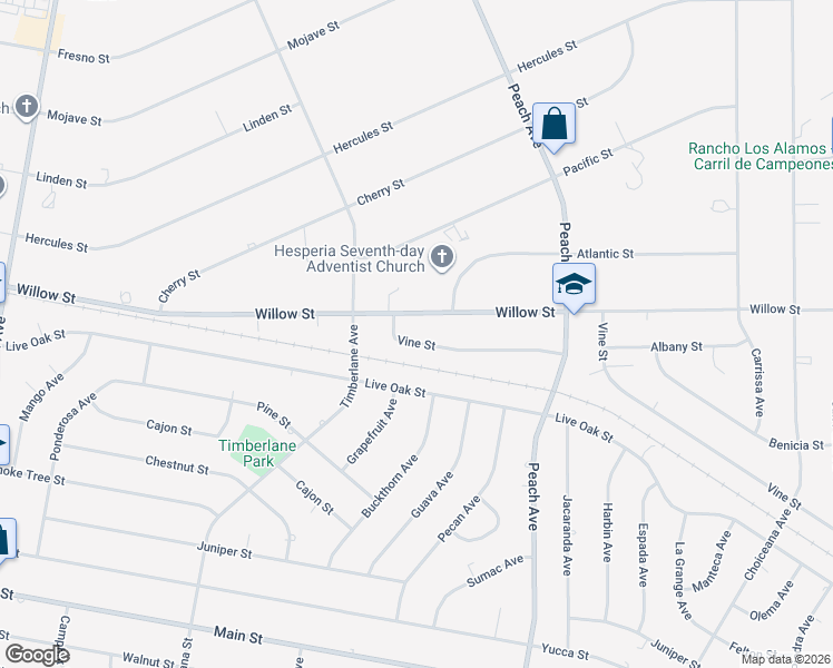 map of restaurants, bars, coffee shops, grocery stores, and more near 18234 Vine Street in Hesperia