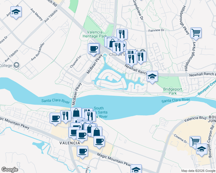 map of restaurants, bars, coffee shops, grocery stores, and more near 23922 Lakeside Road in Santa Clarita