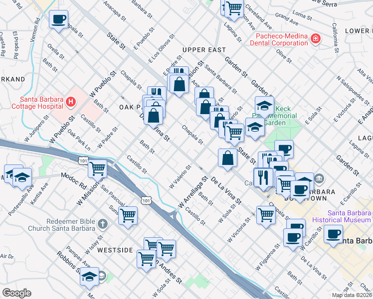 map of restaurants, bars, coffee shops, grocery stores, and more near 1726 De La Vina Street in Santa Barbara
